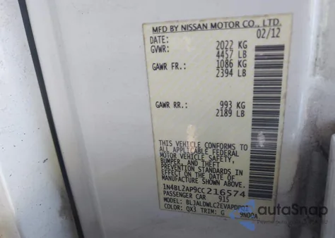 2012 Nissan Altima 3.5 Sr z USA, uszkodzony, nr VIN 1N4BL2AP9CC216574